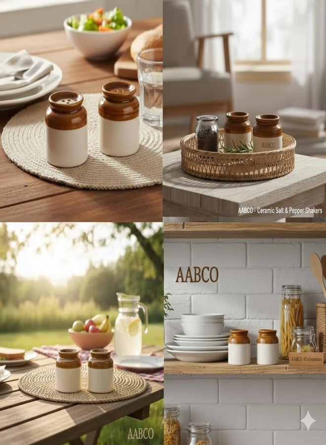 AABCO Salt Pepper Set for Dining Table & Kitchen Ceramic Salt and Pepper Shakers Set Dispenser Set Suitable for Home | Cafe | Dining Table | Kitchen (White-Brown) - Image 5